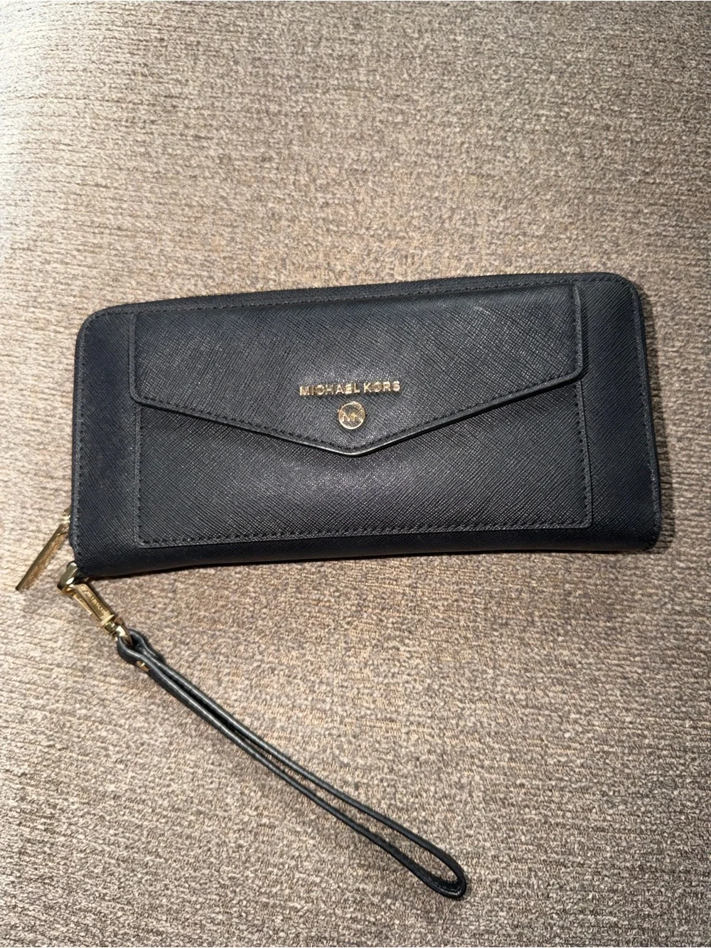 Michael Kors Black Saffiano Leather Wristlet Clutch with Gold Logo